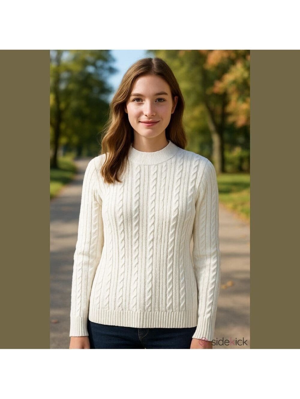 Lands End Women Cream Cable Knit Turtleneck Sweater Medium